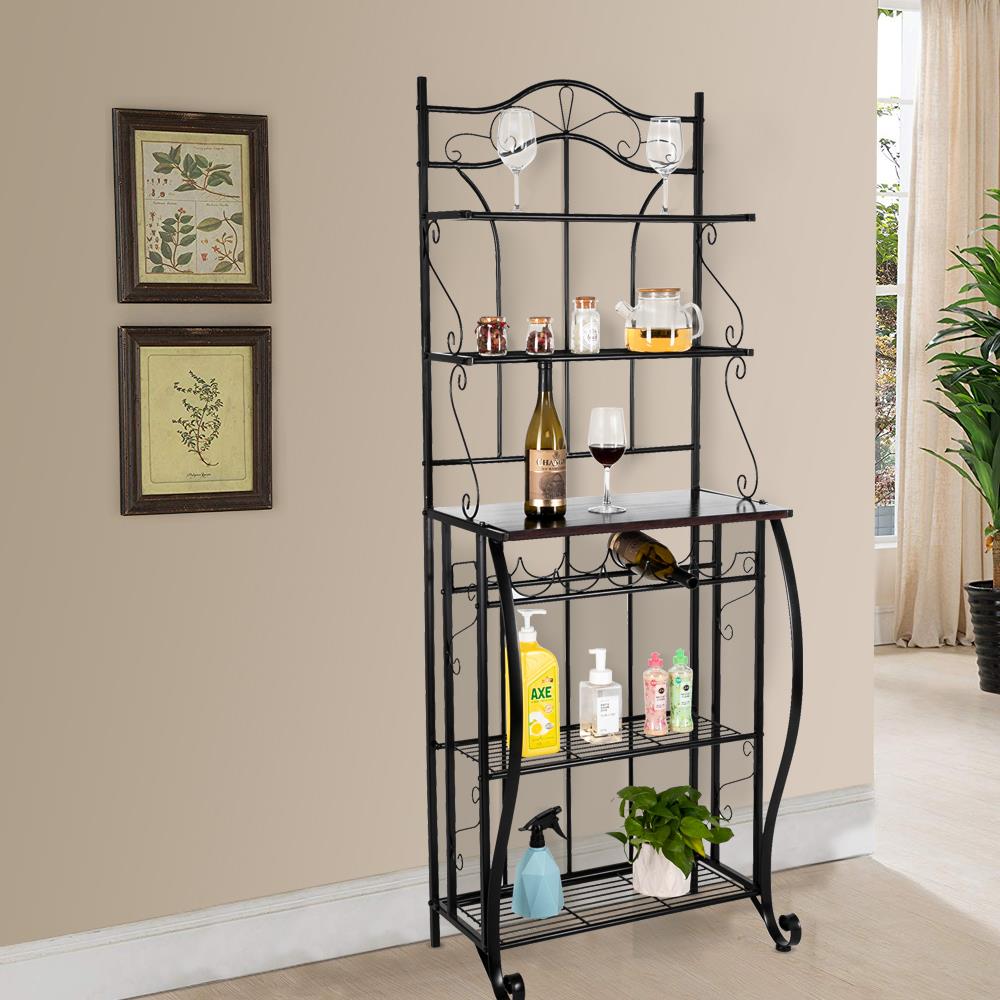 Zimtown 5-Tier Multifunctional Kitchen Baker's Rack with 5-Bottle Wine Rack Holder， Microwave Oven Stand Cart，Kitchen Island Utility Storage Shelf Organizer，Black