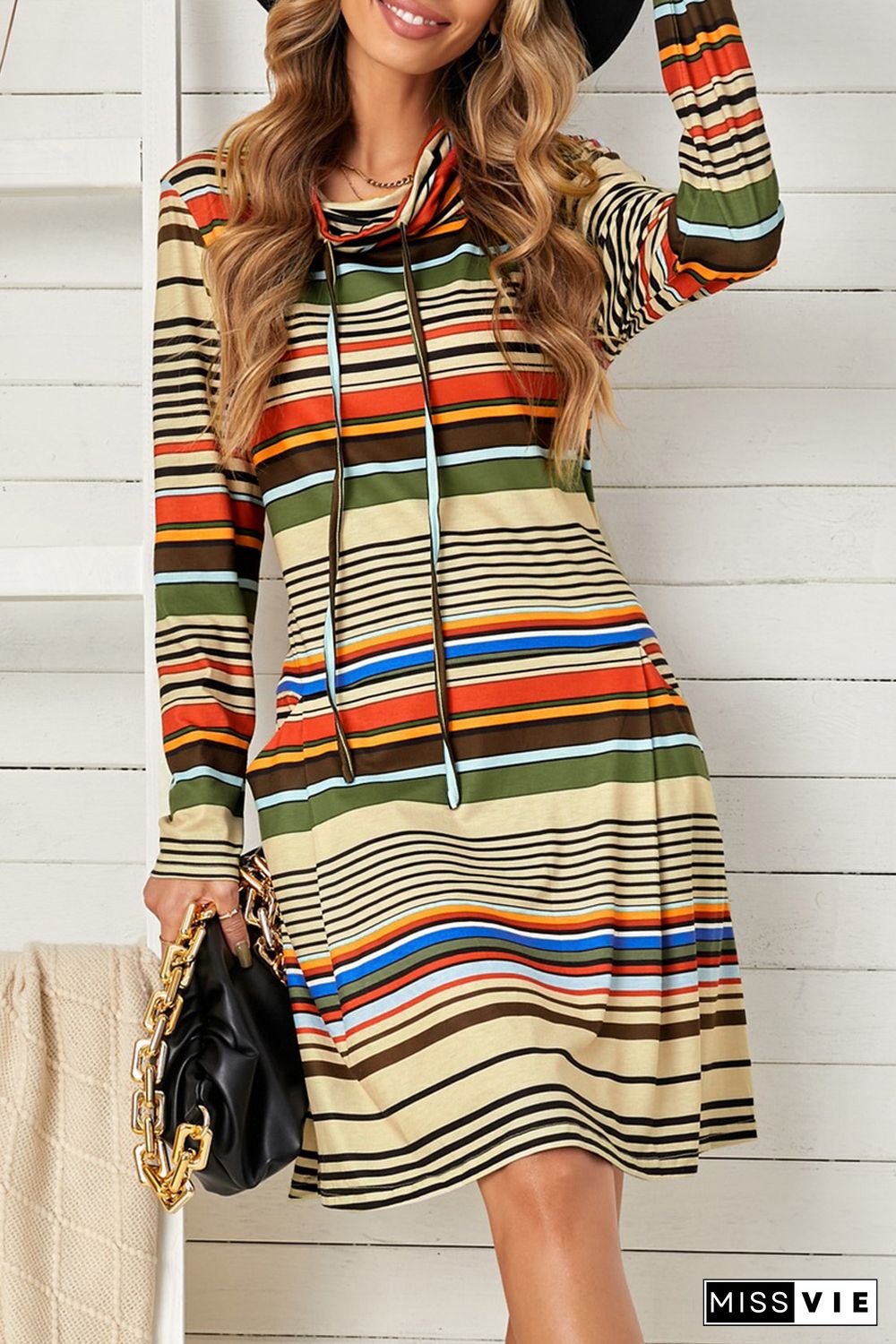 Striped Turtleneck Long Sleeve Shirt Mini Dress with Pocket