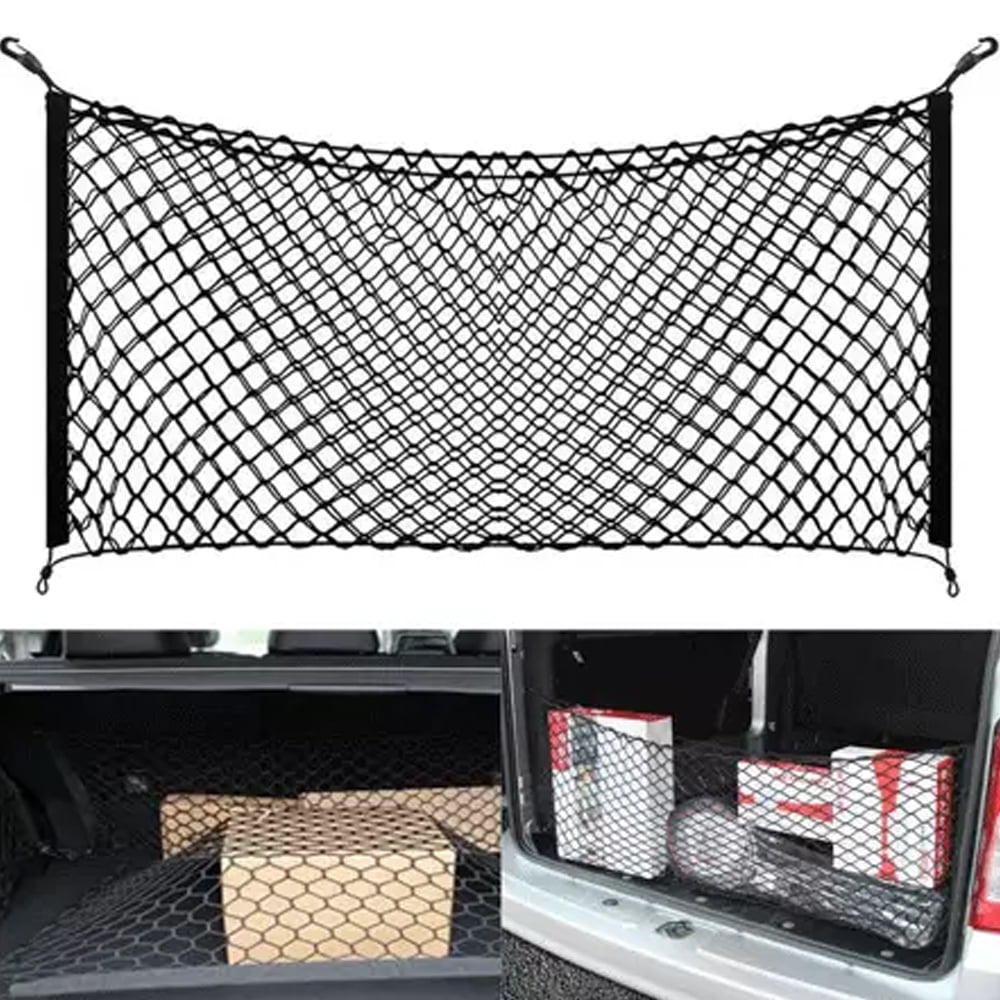 Car Nylon Cargo Trunk Net with 4 Hook， Elastic Mesh Organizer Rear Interior Luggage Storage for SUV Jeep Truck