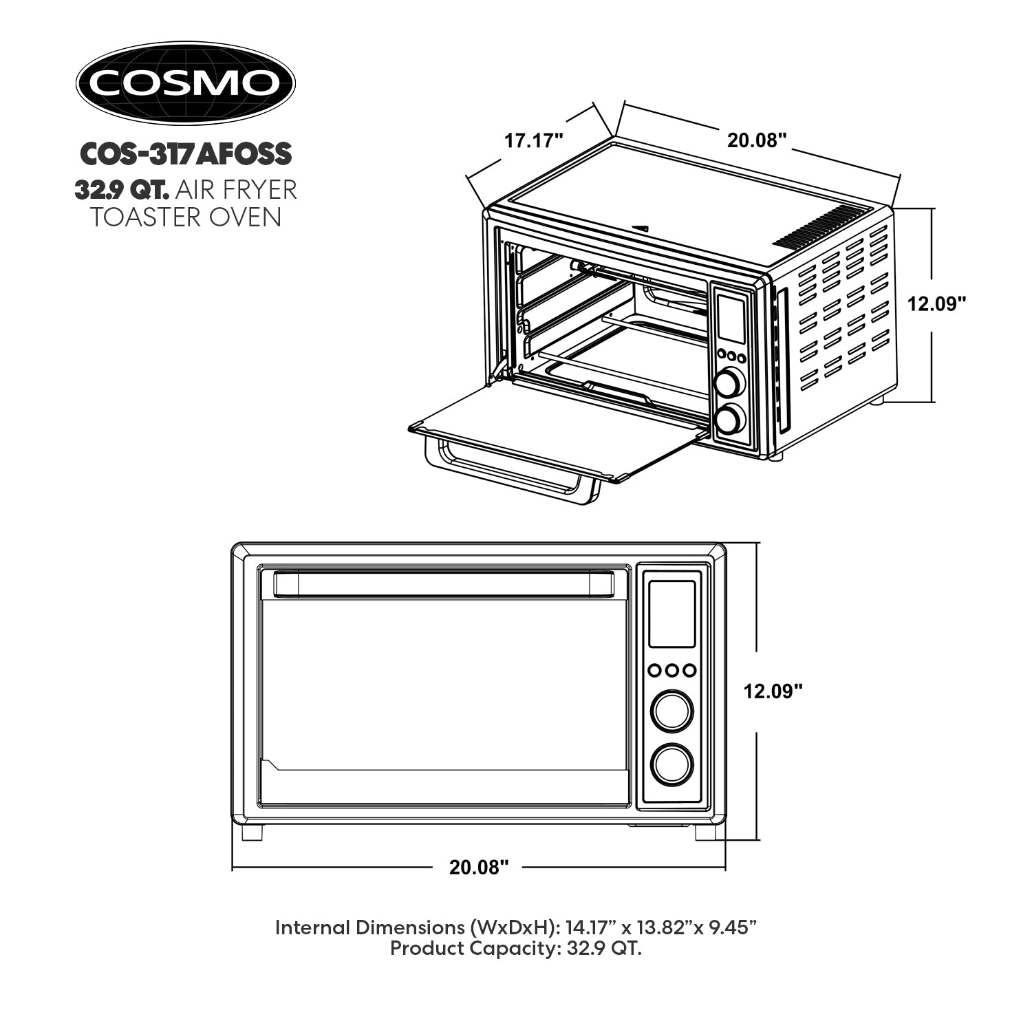 Cosmo Air Fryer Toaster Oven COS-317AFOSS 32 Quart Compact Electric with LED Display, Air Fry Basket, Rotisserie Fork, 1800W in Stainless Steel