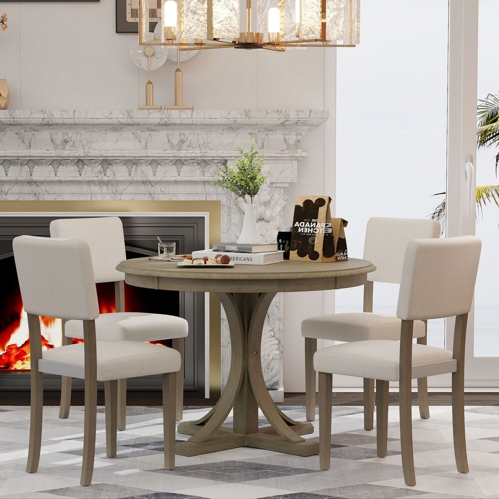 5 Piece Retro Round Dining Table Set with Curved Trestle Style Table Legs and 4 Upholstered Chairs