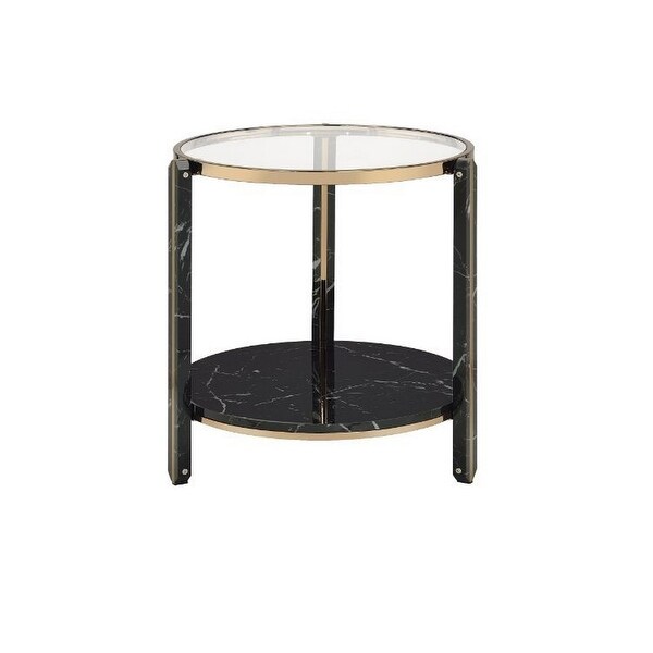 End Table with Glass Top and Faux Marble Shelf， Black and Gold