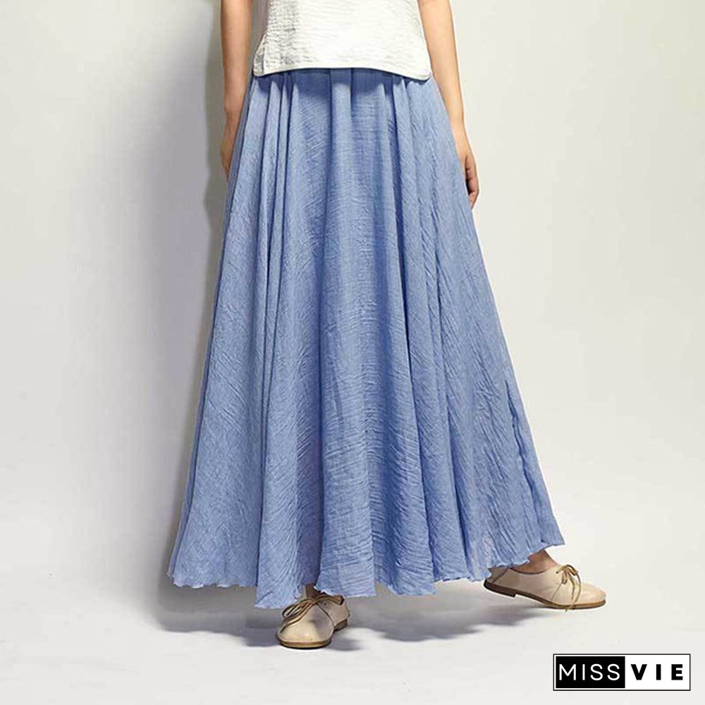 Women Linen Cotton Long Skirts Elastic Waist Pleated Maxi Skirts Beach Boho Vintage Summer Skirts Faldas Saia