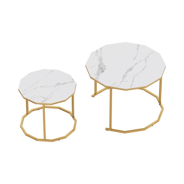 Nesting Coffee Table / End table with 12-sided Artificial Marble Top and Metal Legs