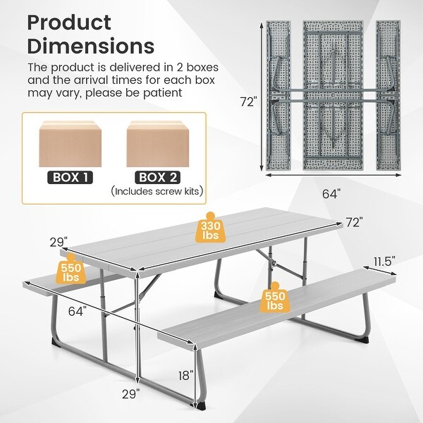 Folding Picnic Table Set with Metal Frame and AllWeather HDPE Tabletop，Umbrella Hole