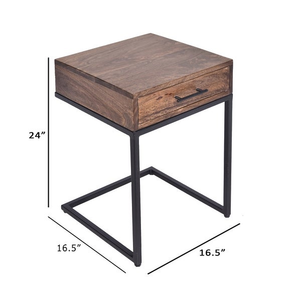 Mango Wood Side Table with Drawer and Cantilever Iron Base， Brown and Black