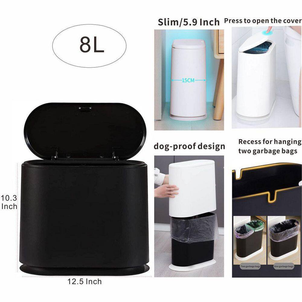 Dracelo 2.1 Gal. Slim Bathroom Plastic Trash Can with Press Top Lid in Black B0B1HQPS5D