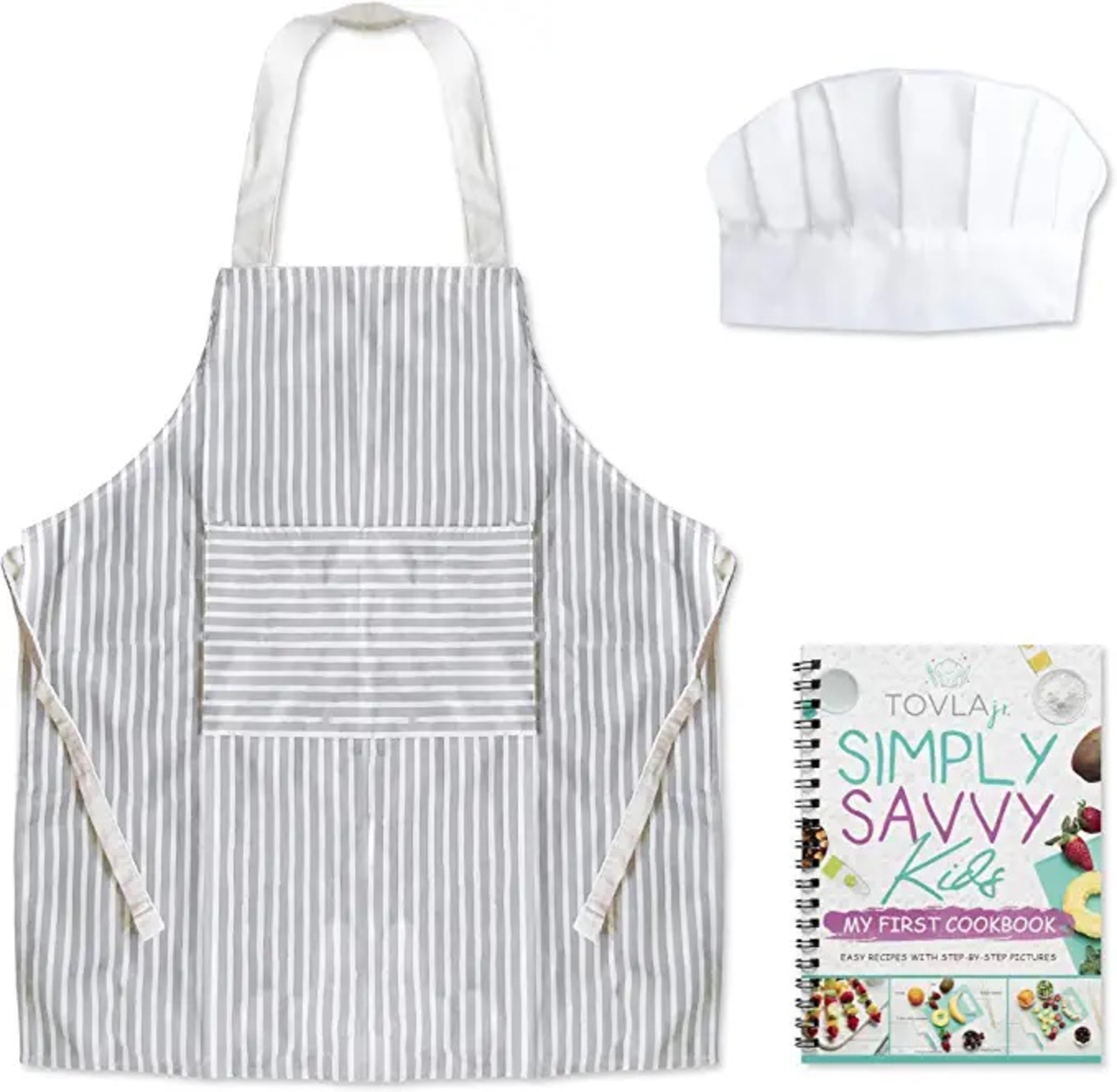 Tovla Jr. Kids Cookbook, Cooking Apron and Hat Set with Pocket for Boys and Girls, Comfortable Cotton Canvas Perfect for Baking, Painting and Gardening, Suitable for Children Ages 4-10