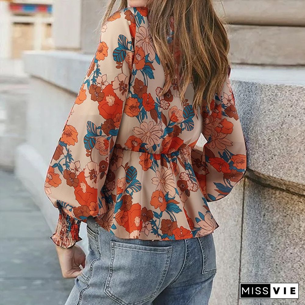 Women Casual V Neck Full Sleeved Top Holiday Printed Retro Spring Shirt Blouse Plus Size