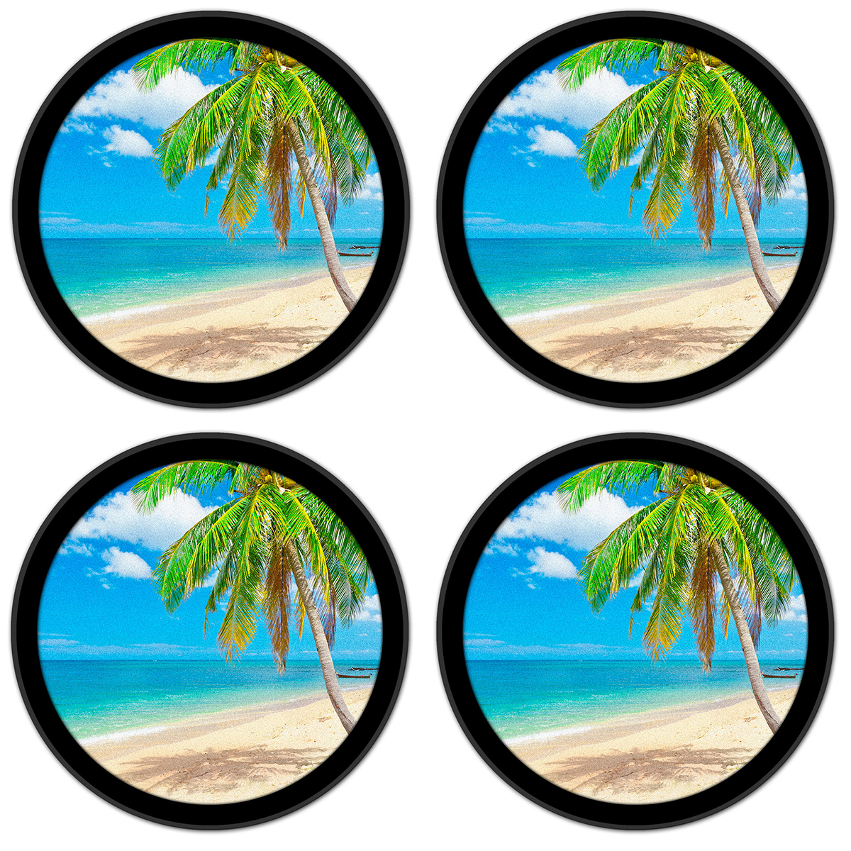 Silicone Non-Slip Drink Coasters with Removable Printed Absorbent Felt Pad - Set of 4 - Palm Tree on the Beach