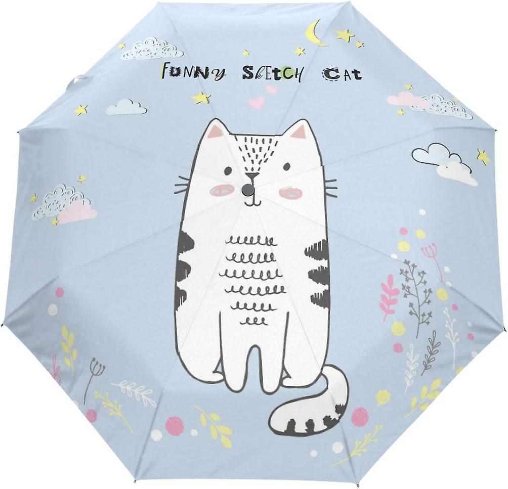 Travel Umbrella Automatic Windproof Foldable Umbrella Kawaii Cat With Clouds