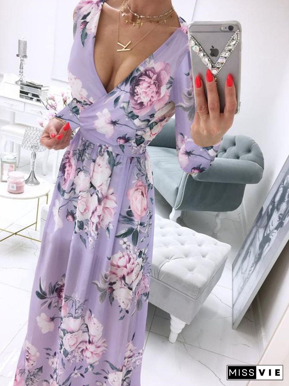 Spring Fashion Floral Print Long Party Dress Ladies Elegant V Neck Long Sleeve Split Dress Sweet Temperament Office Ladies Dress