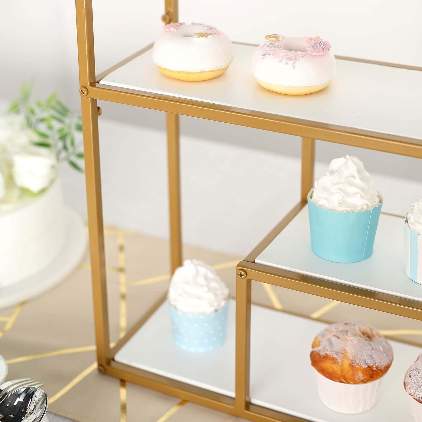 Gold Metal 4-Tier Dessert Cupcake Stand, Wall Hanging Shelf Display Rack, Book Shelf With White Wood Panels 22