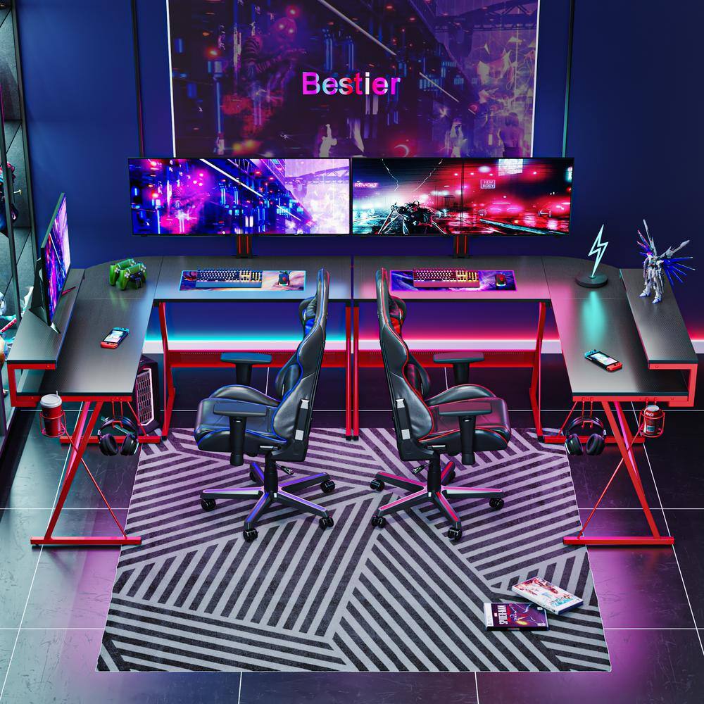 Bestier 55.25 in. Red and Black Carbon Fiber L-Shaped Gaming Desk D094I-RED