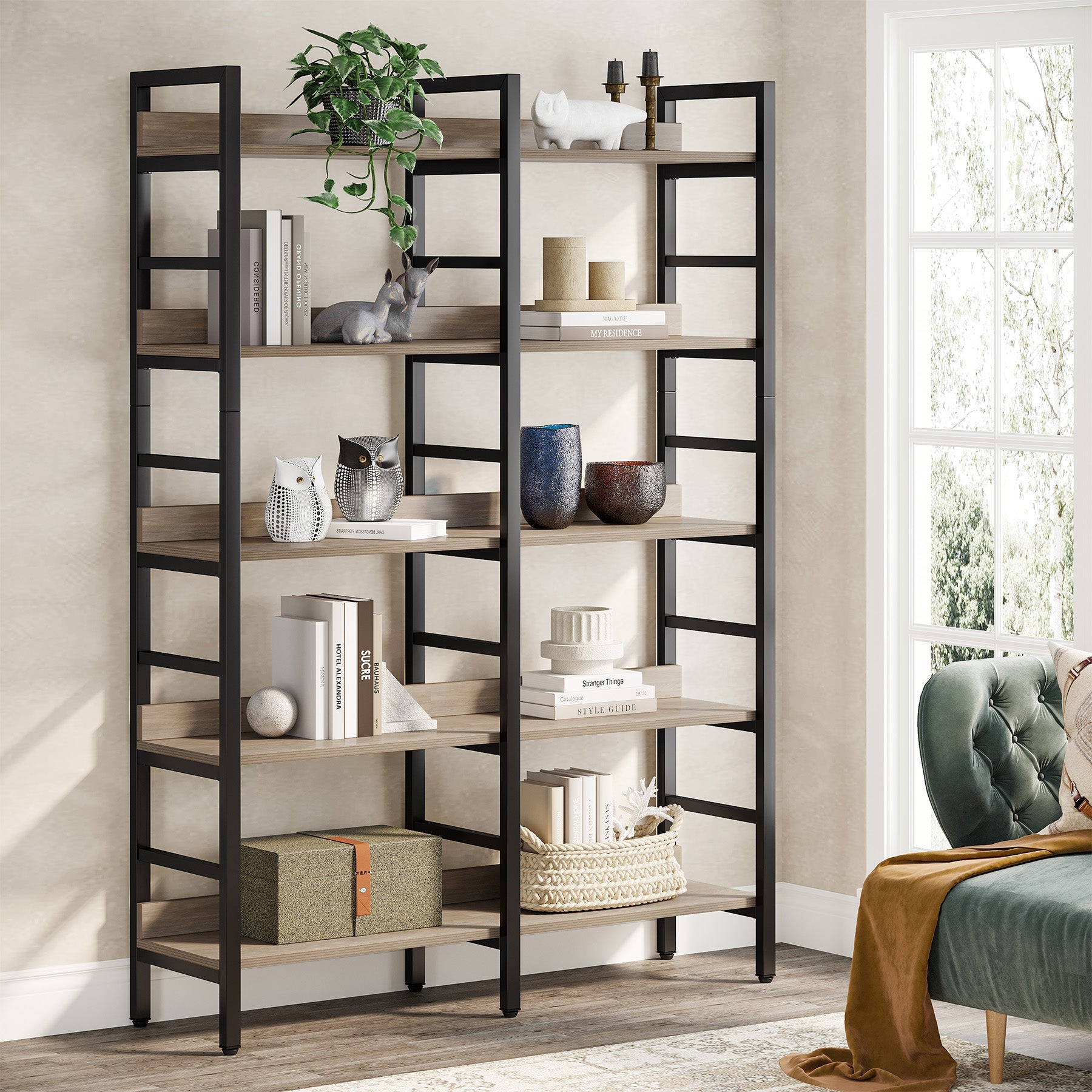 5-Tier Bookshelf, Double Wide Bookcase Storage Shelves Unit