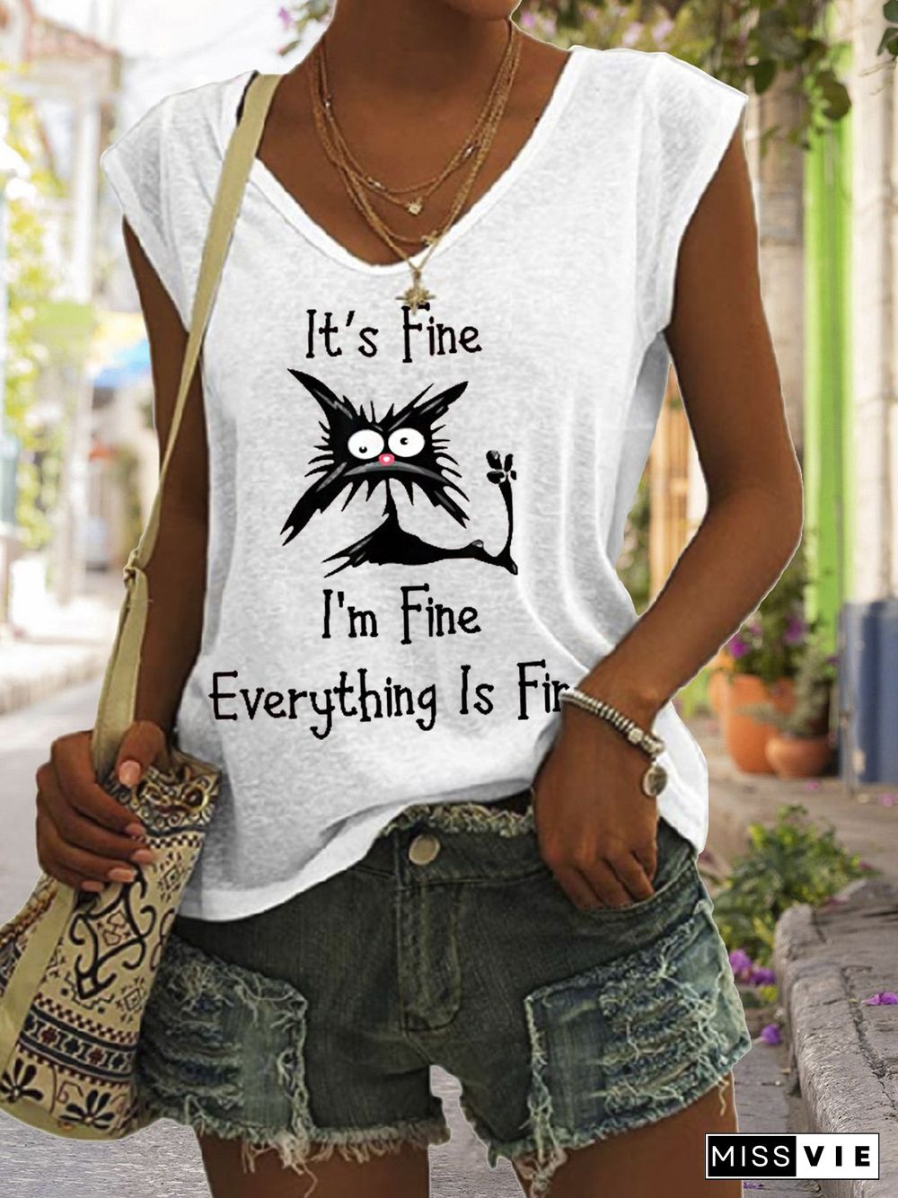 Women's It's Fine I'm Fine Everything Is Fine Funny Cat Print V-Neck Sleeveless Tee