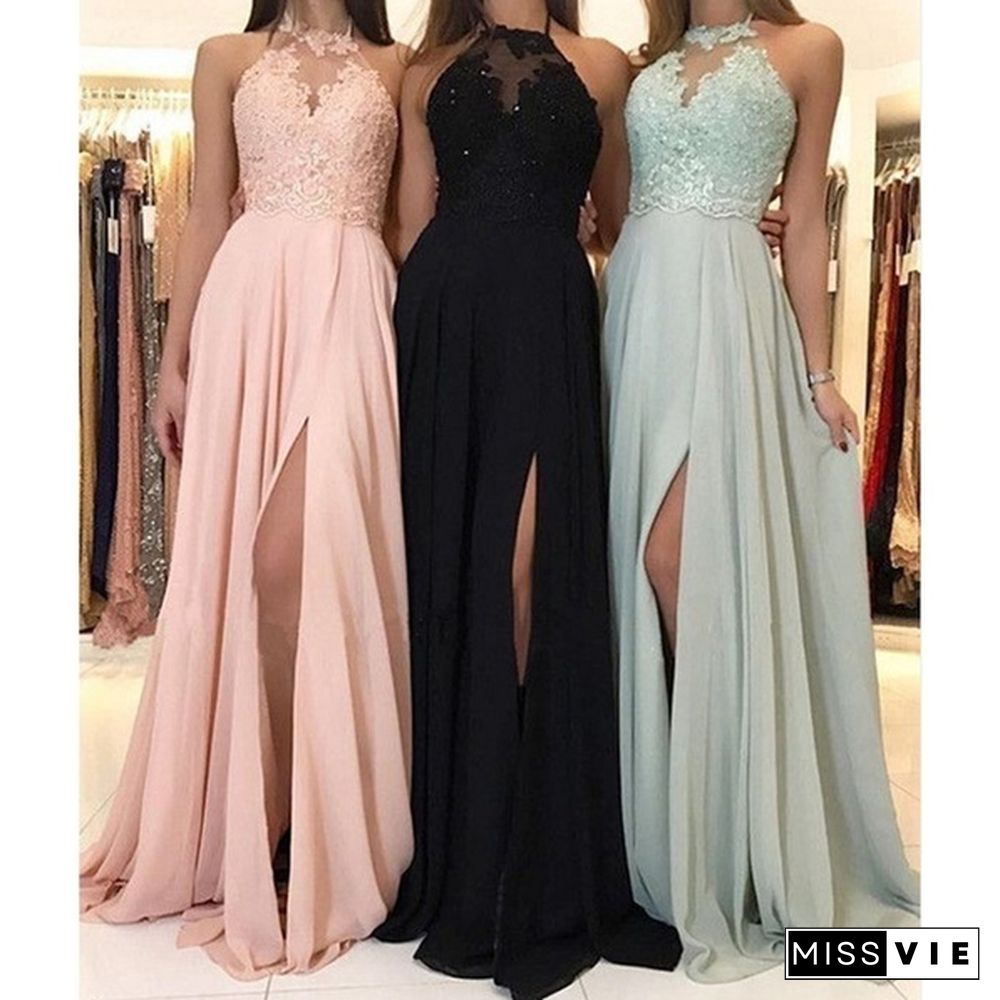 Women Fashion Sexy Elegant Sleeveless Lace Stitching Solid Color Dresses Laides Evening Party Dress Bridesmaid Dress Wedding Dress