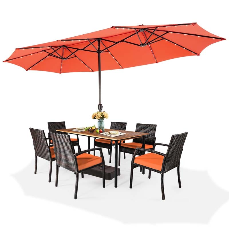 15 FT Double-Sided Patio Umbrella with 48 Solar Lights, Extra-Large Outdoor Twin Market Umbrella with Base