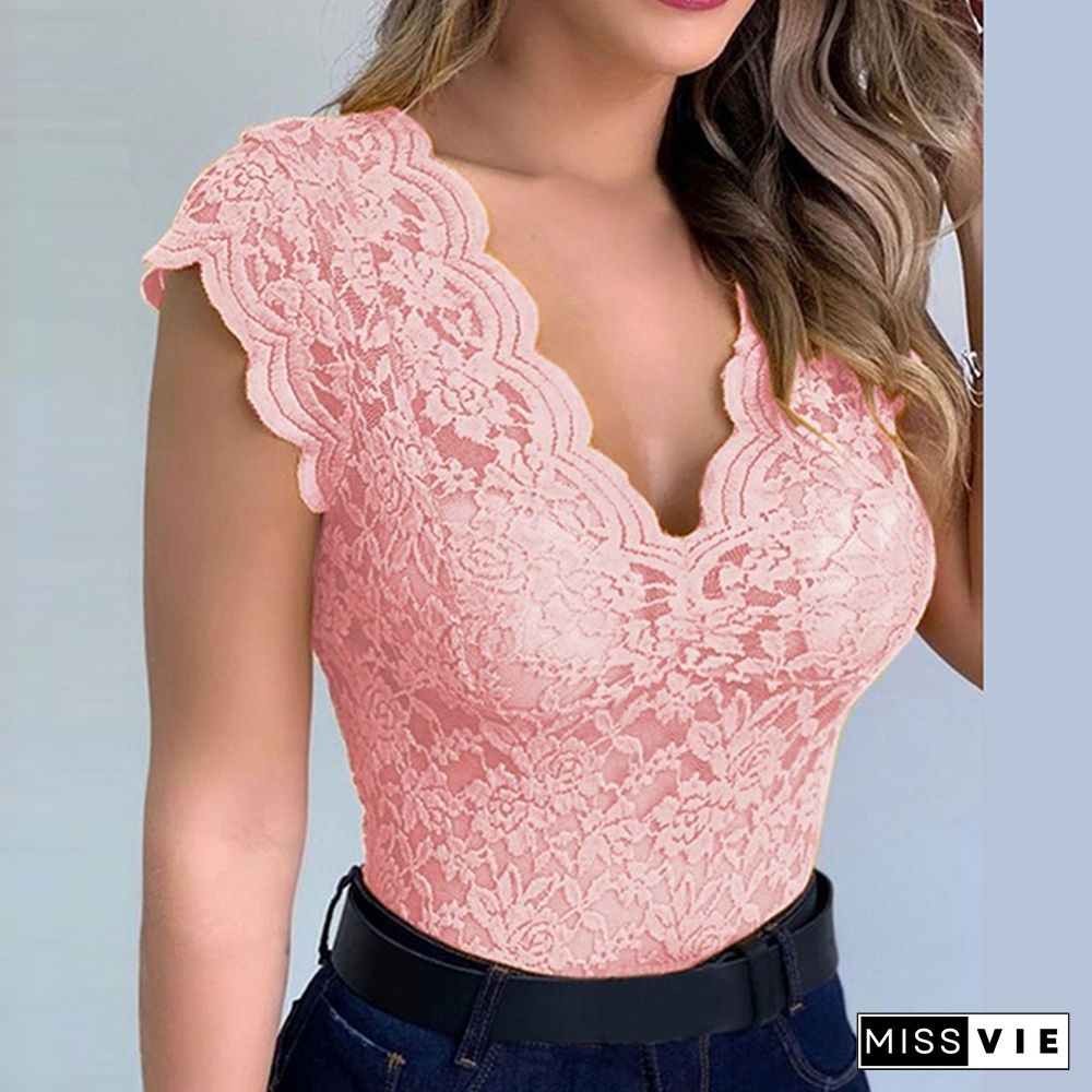 Women Sexy V Neck Lace Vest Top Sleeveless Solid Wire Free Tops Female Elegant Clothing Ladies Casual Plus Size Underwear