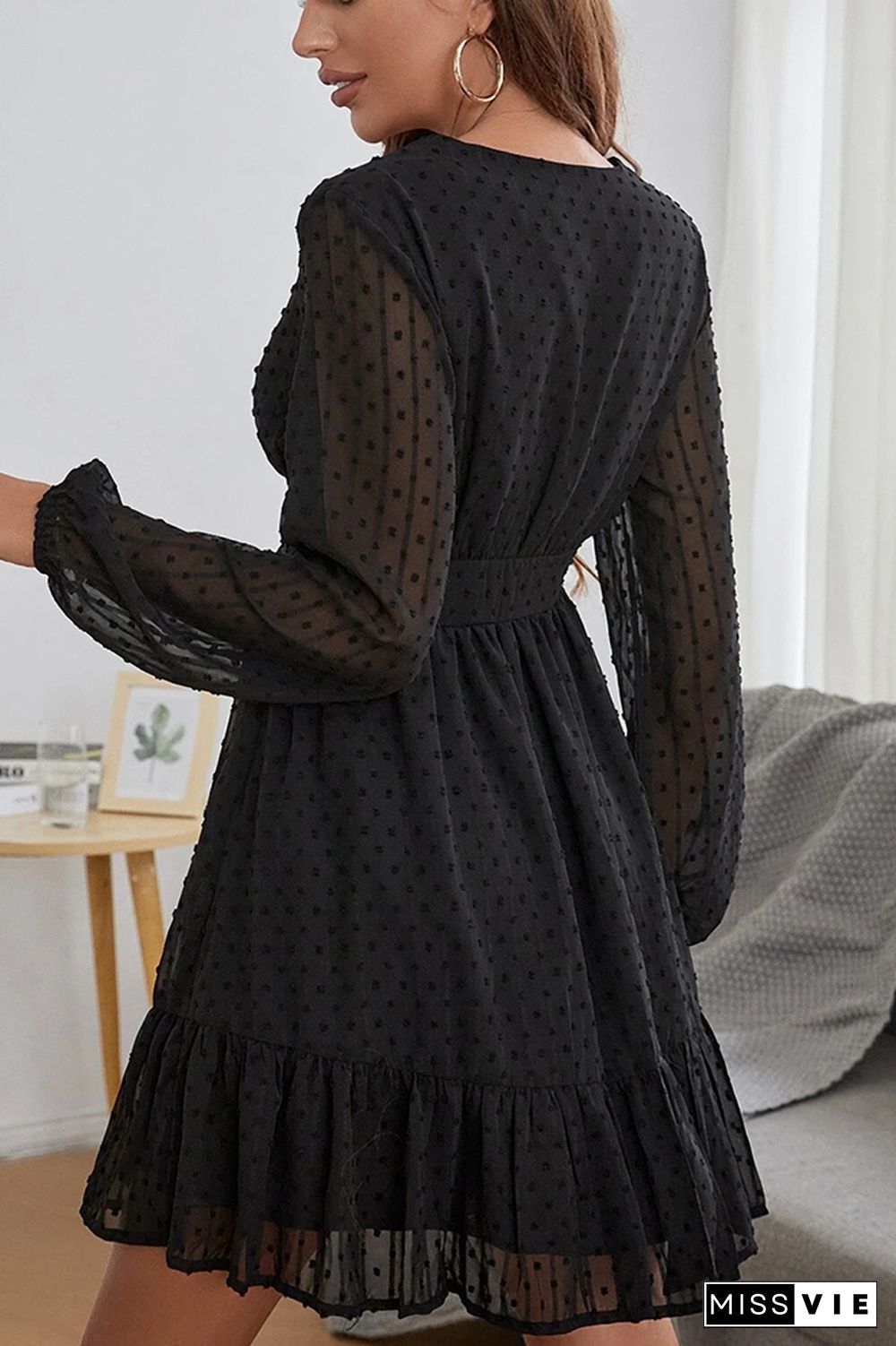 V Neck Lace Mesh Ruffle Smocked Dress