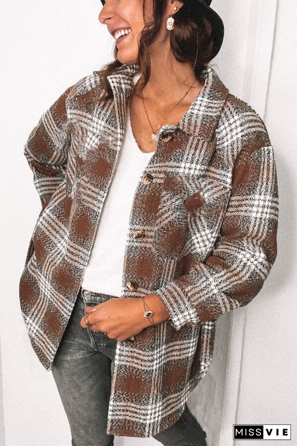 Fashion Plaid Loose Woollen Coat