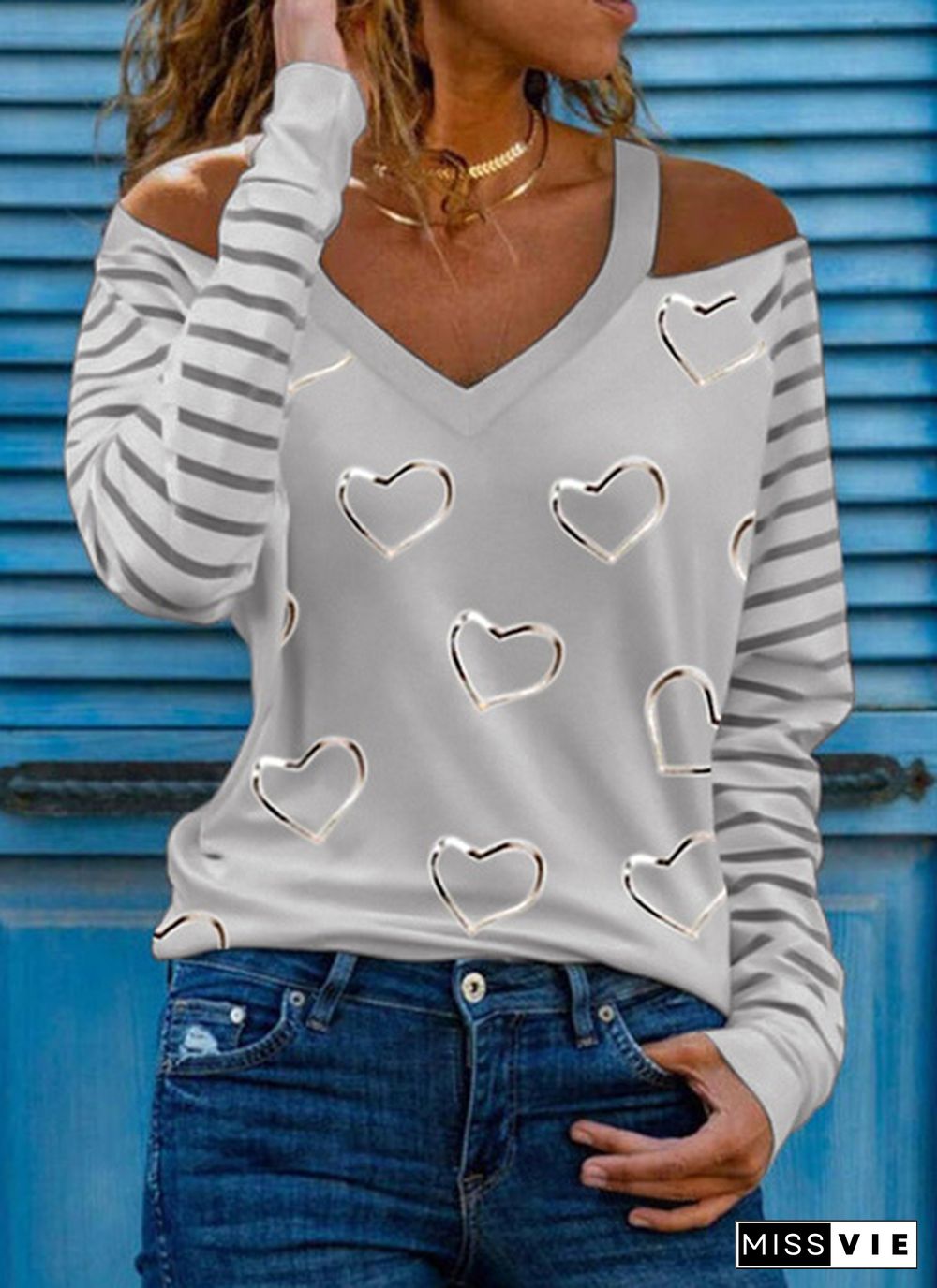 Spring and Early Autumn New Fashion Women's Love Printed Strapless Long Sleeve V-neck Casual Top Loose Plus Size Soft and Comfortable Bottoming Shirt in Autumn and Winter XS-5XL