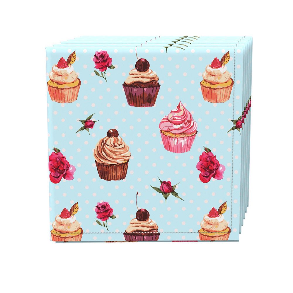 Napkin Set， 100% Polyester， Set of 4， 18x18， Vintage Cupcakes and Dots