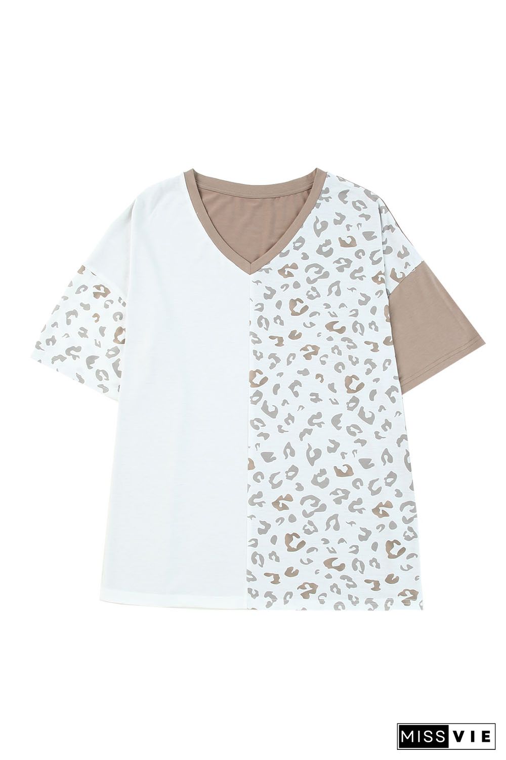 White Plus Size Leopard Patchwork Short Sleeve Top