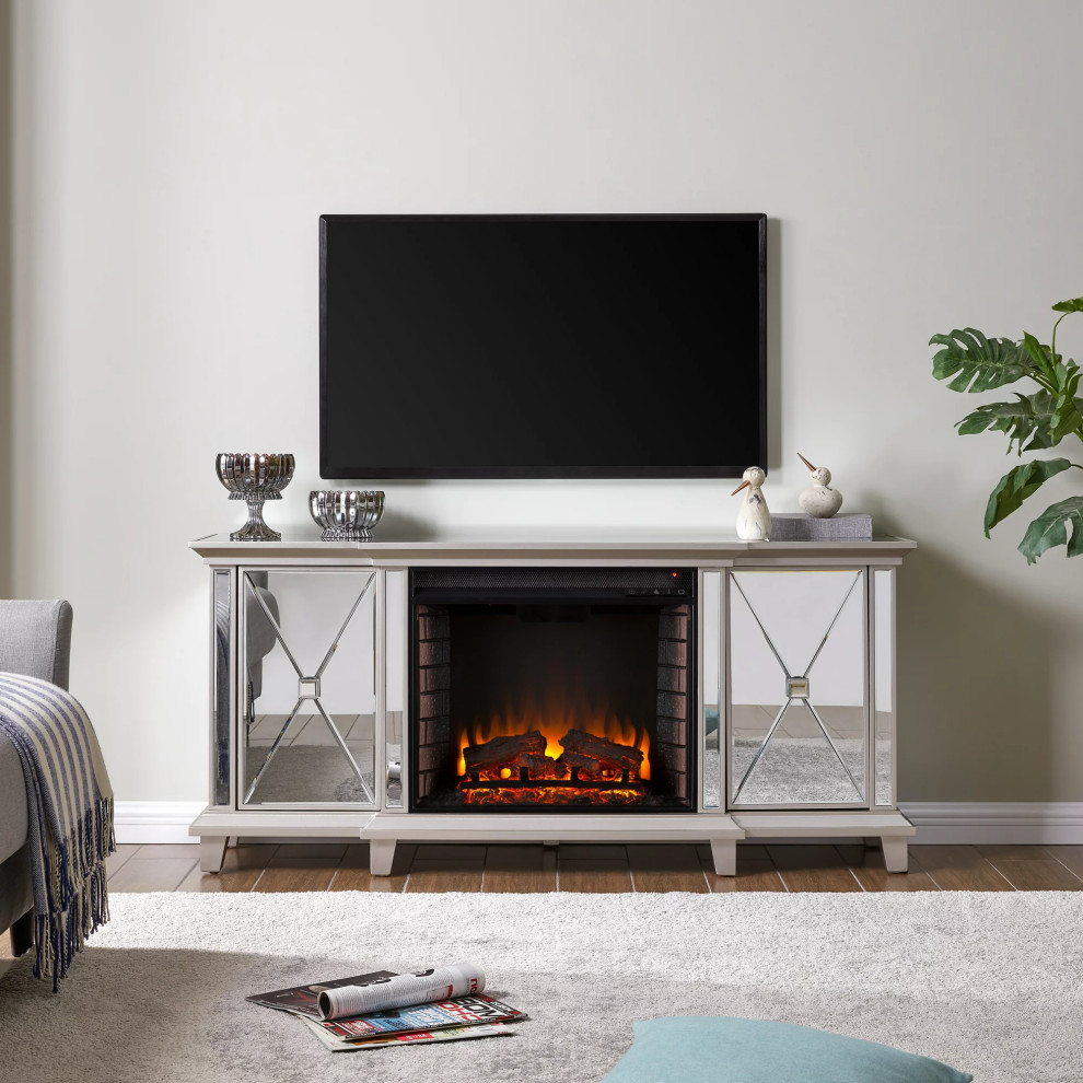 Elegant TV Stand  Mirrored Design With Side Cabinets  ampCenter Fireplace  Silver   Transitional   Entertainment Centers And Tv Stands   by Decorn  Houzz