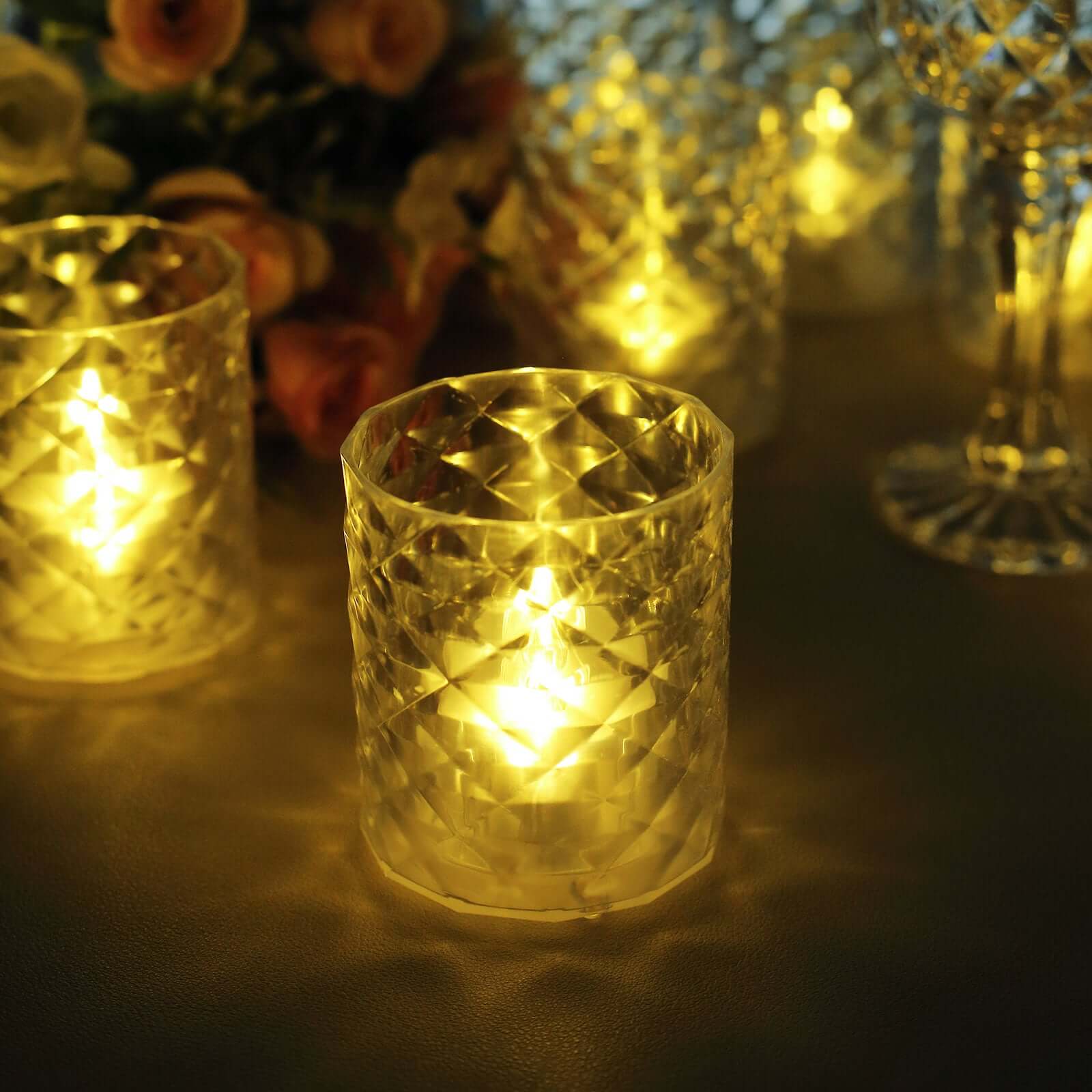 12 Pack Clear Acrylic Diamond LED Tealight Candle Holder Sets, Warm White Battery Operated Whiskey Glass Votive Candle Lamps 3