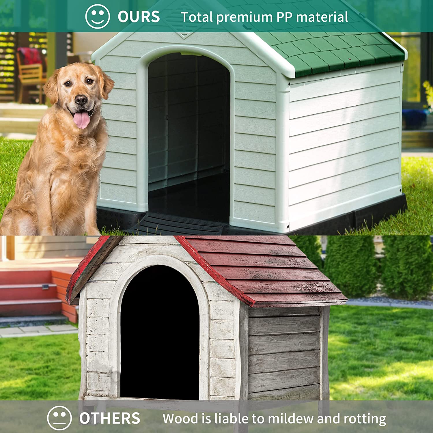 YITAHOME Large Plastic Dog House Outdoor Indoor Dog Puppy Shelter Water Resistant with Air Vents and Elevated Floor (41''L*38''W*39''H， Green)