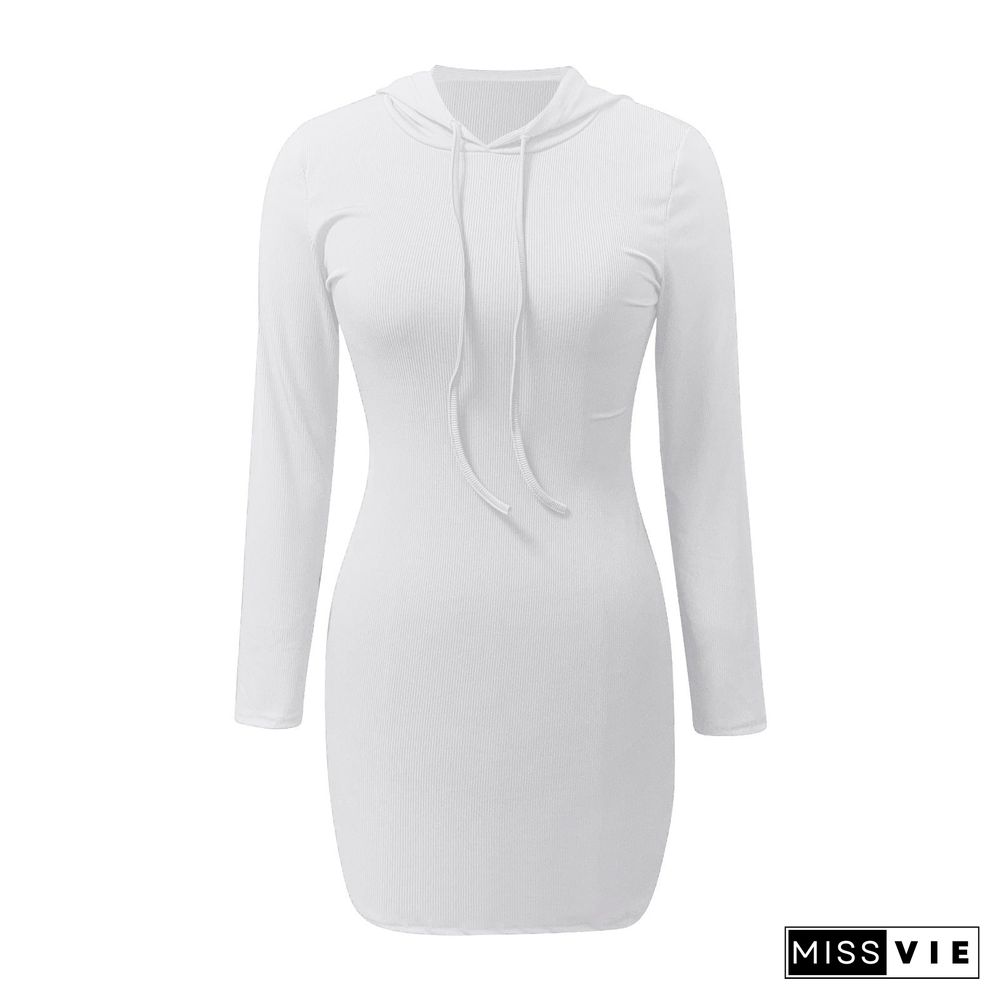 Long Sleeve Bodycon Drawstring Hooded Mini Dress