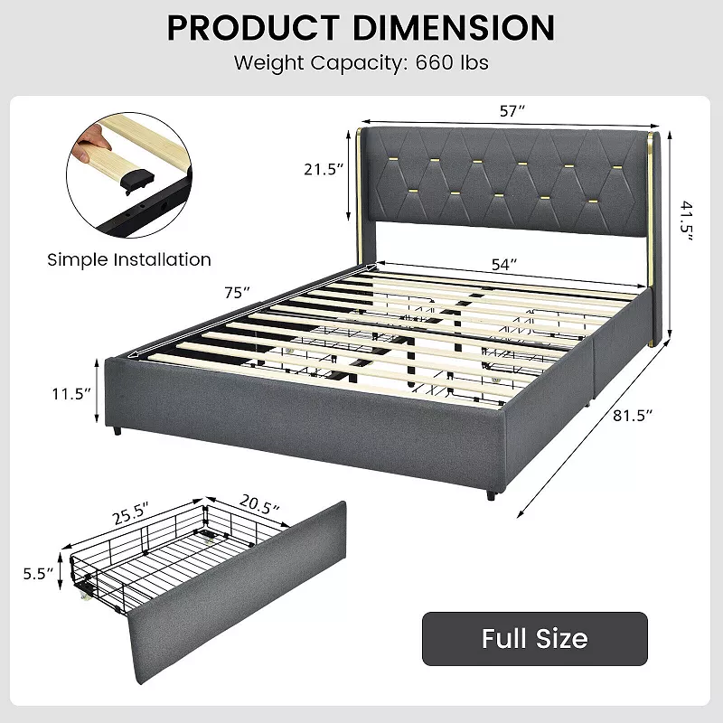 Upholstered Bed Frame including 4 Storage Drawers