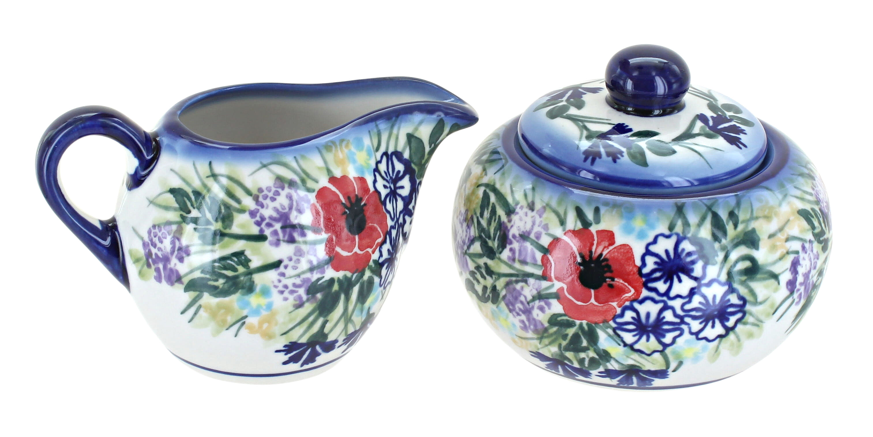 Blue Rose Polish Pottery Summer Garden Sugar Bowl and Creamer Set