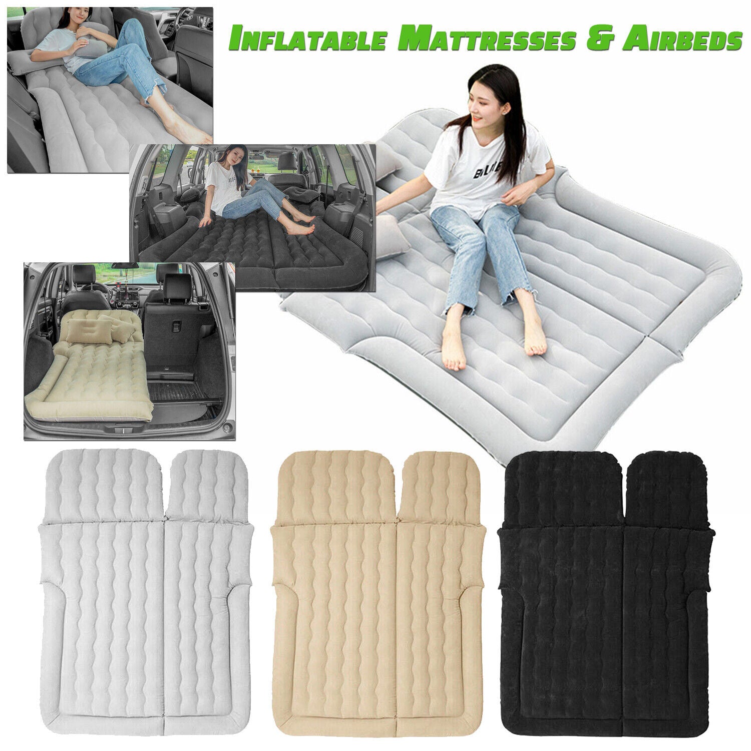 SHZICMY Car Inflatable Air Bed Travel Mattress Seat Sleep Cushion Mat Pillow Pump Camp Gray