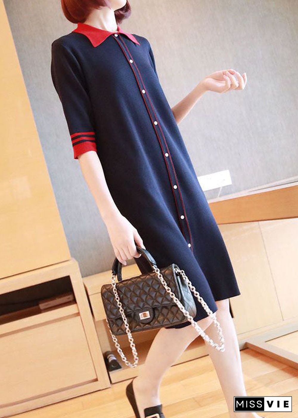 Casual Navy Peter Pan Collar Button Knitted Dresses Half Sleeve