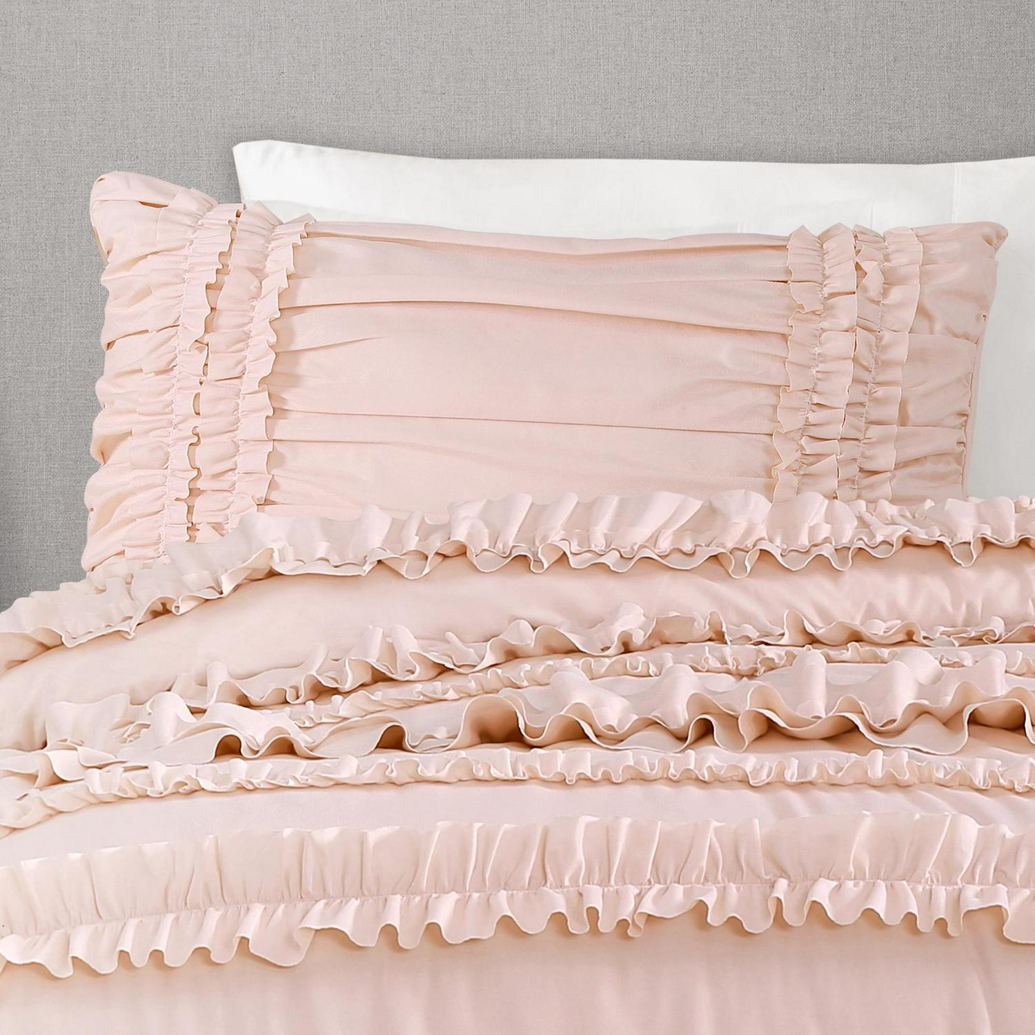 Lush Decor Belle Textured Ruffle Detail Back To Campus Dorm Room Comforter， Twin-XL， Blush， 3-Pc Set