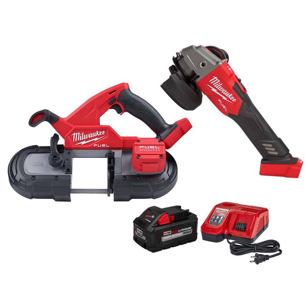 MW M18 FUEL 18V Lithium-Ion Brushless Cordless Compact Bandsaw WM18 FUEL Angle Grinder and 8.0ah Starter Kit 2829-20-2889-20-48-59-1880