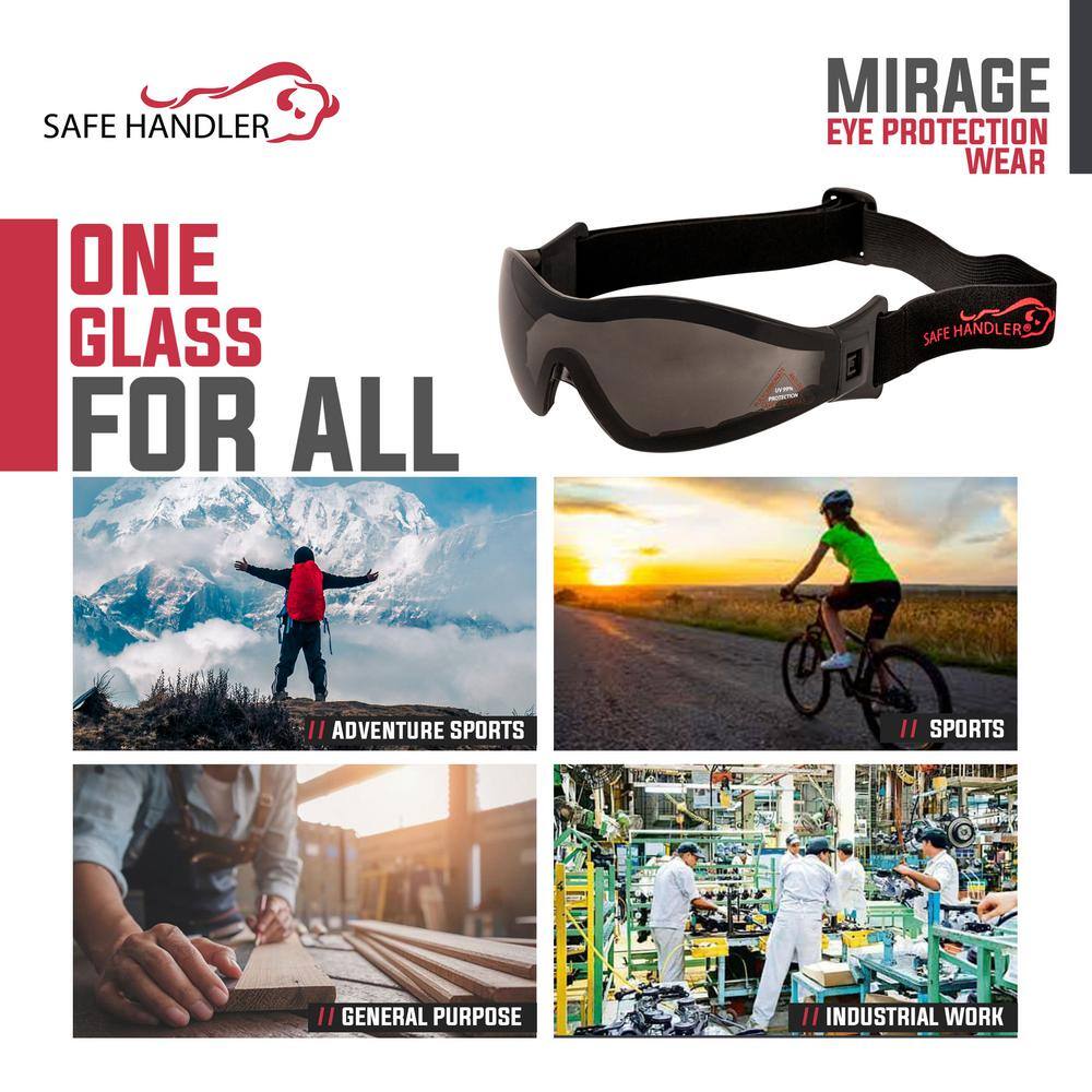 Safe Handler Black Mirage Safety Glasses with Adjustable Elastic Band (4-Pairs) SH-MRSG-BKLBKS-MS19-4