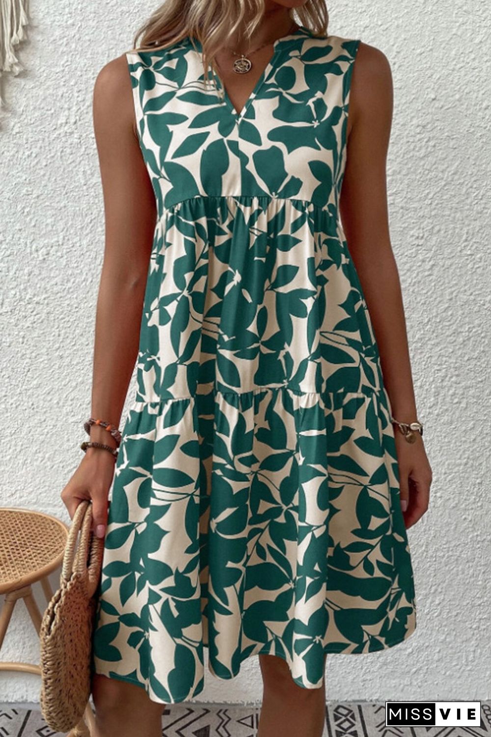 Sleeveless V Neck Flower Print Splicing Dress