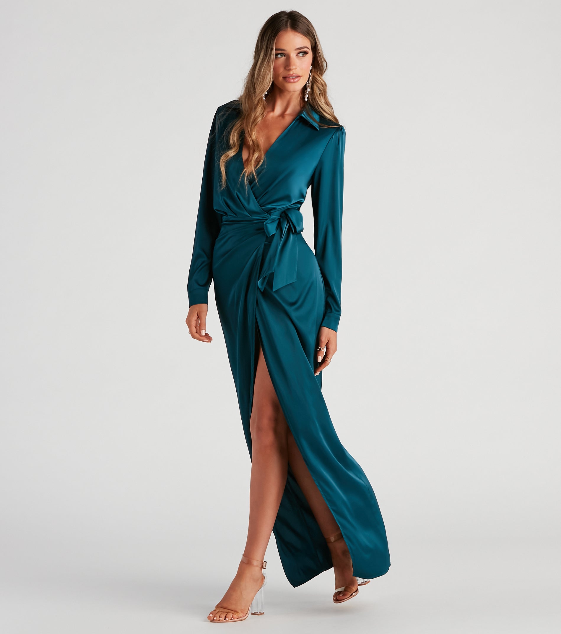 Leona Wrap-Front Satin Formal Dress