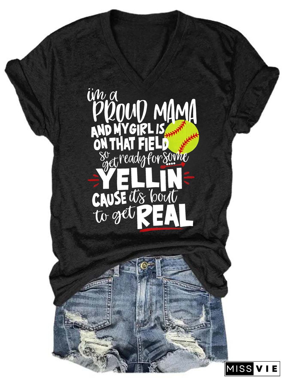 Proud Softball Mama V Neck T-Shirt