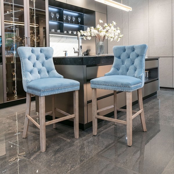 Upholstered Barstools with Button Tufted Decoration and Wooden Legs