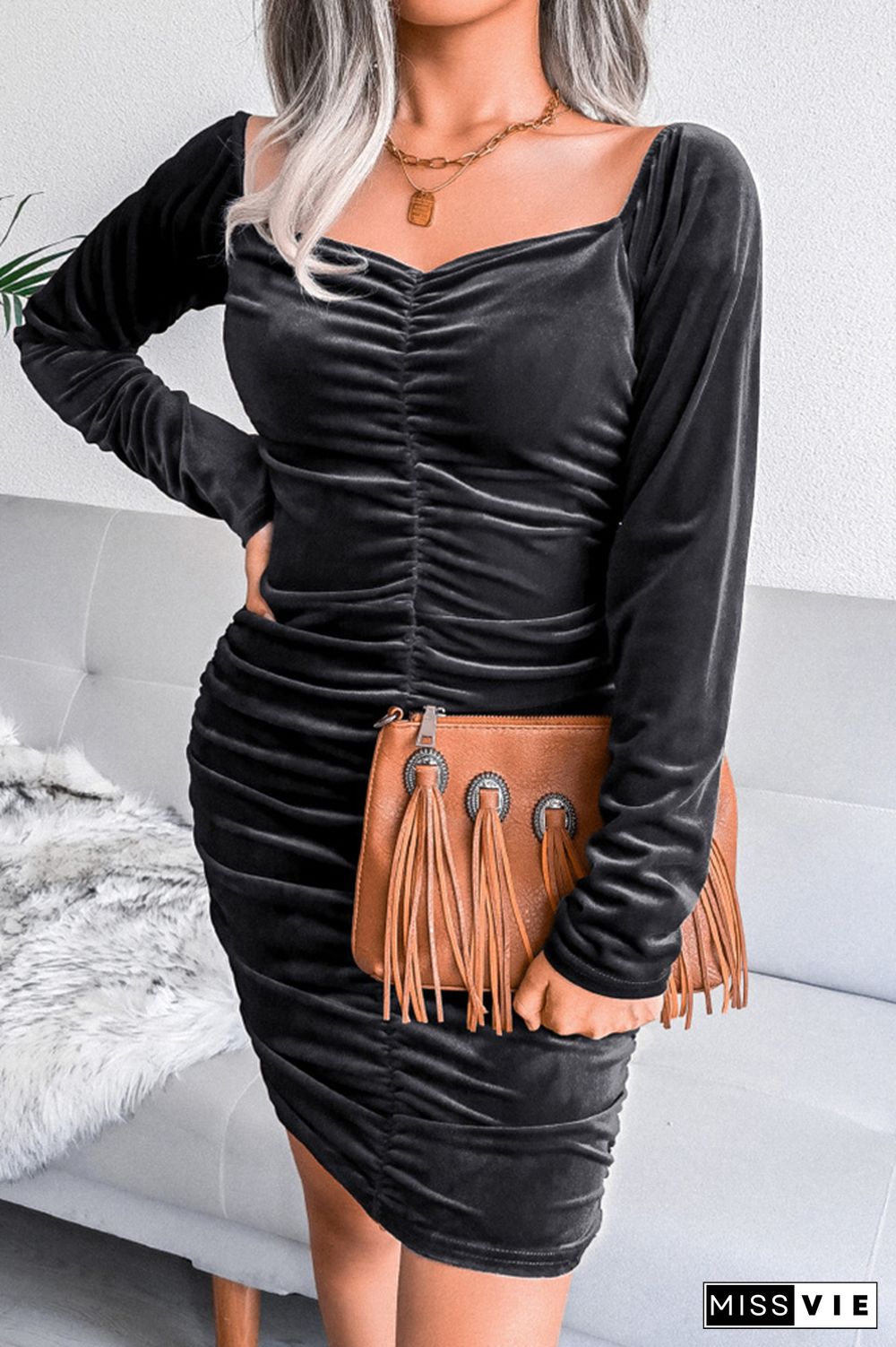 Open Bust Ruched Velvet Bodycon Dress