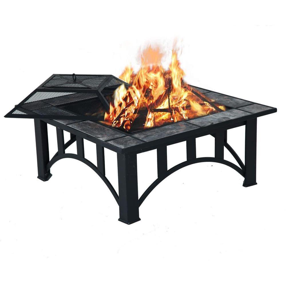 Wildaven 32 in W x 18 in H Square Antique Finish Wood Burning Outdoor Fire pit with Spark Screen Waterproof Cover Poker