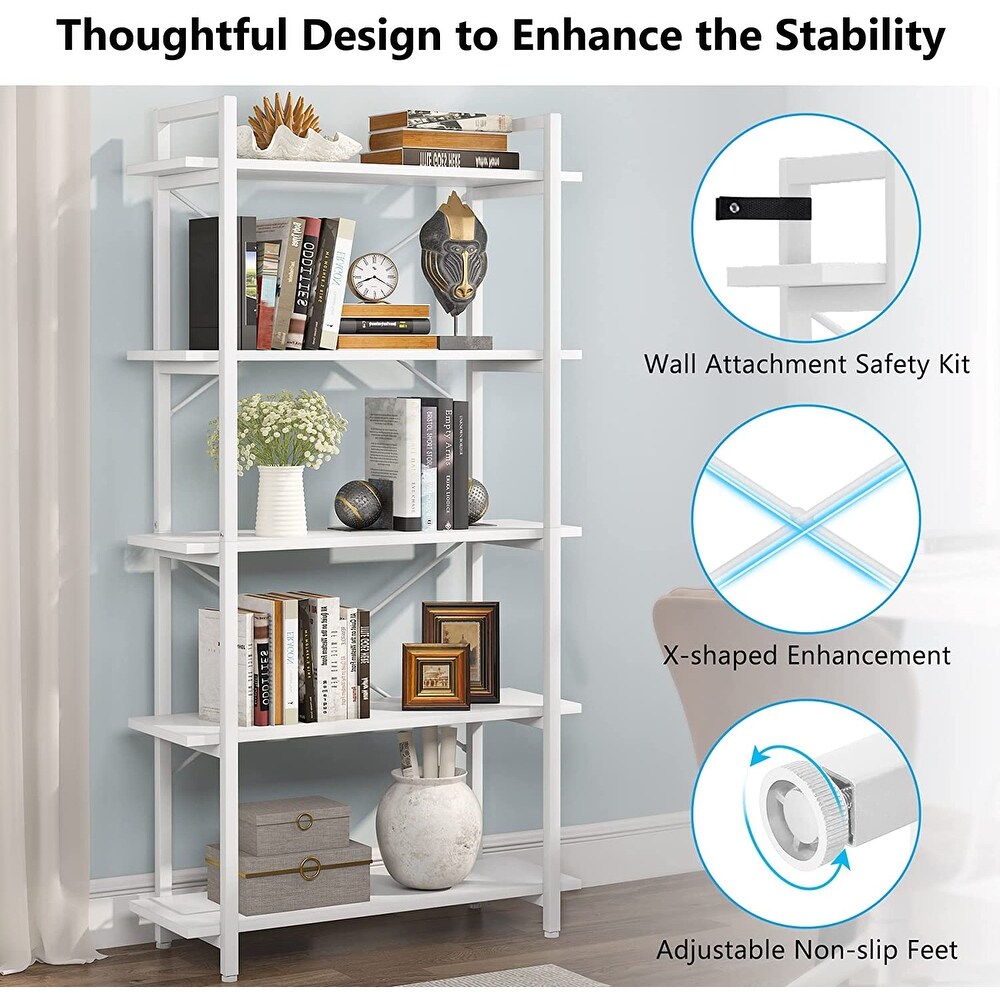 White Bookshelf 5 Tier Bookcase with Metal Frame