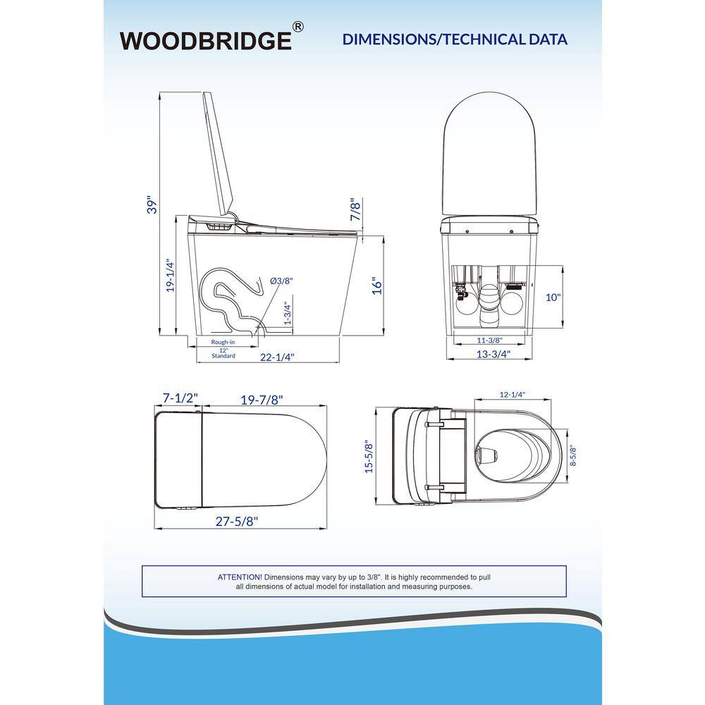 WOODBRIDGE Toscano Intelligent Comfort Height 1-Piece 1.0 GPF 1.6 GPF Dual Flush Elongated Toilet in White Seat Included HB0980S