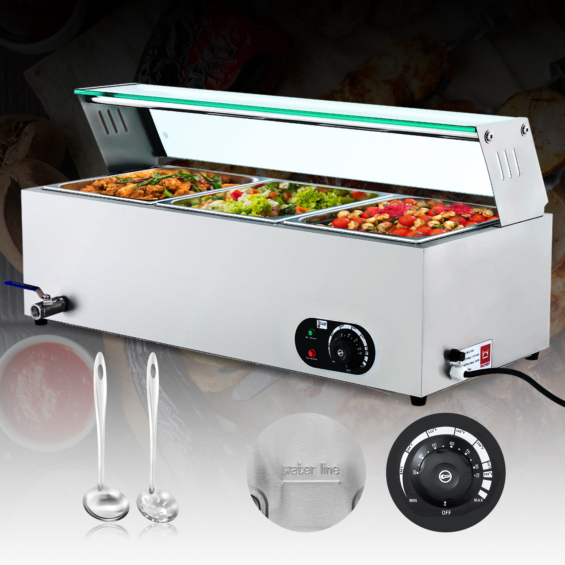 Wilprep Commercial Food Warmer 1200W Bain Marie Food Warmer with 3 Stainless Steel Pans