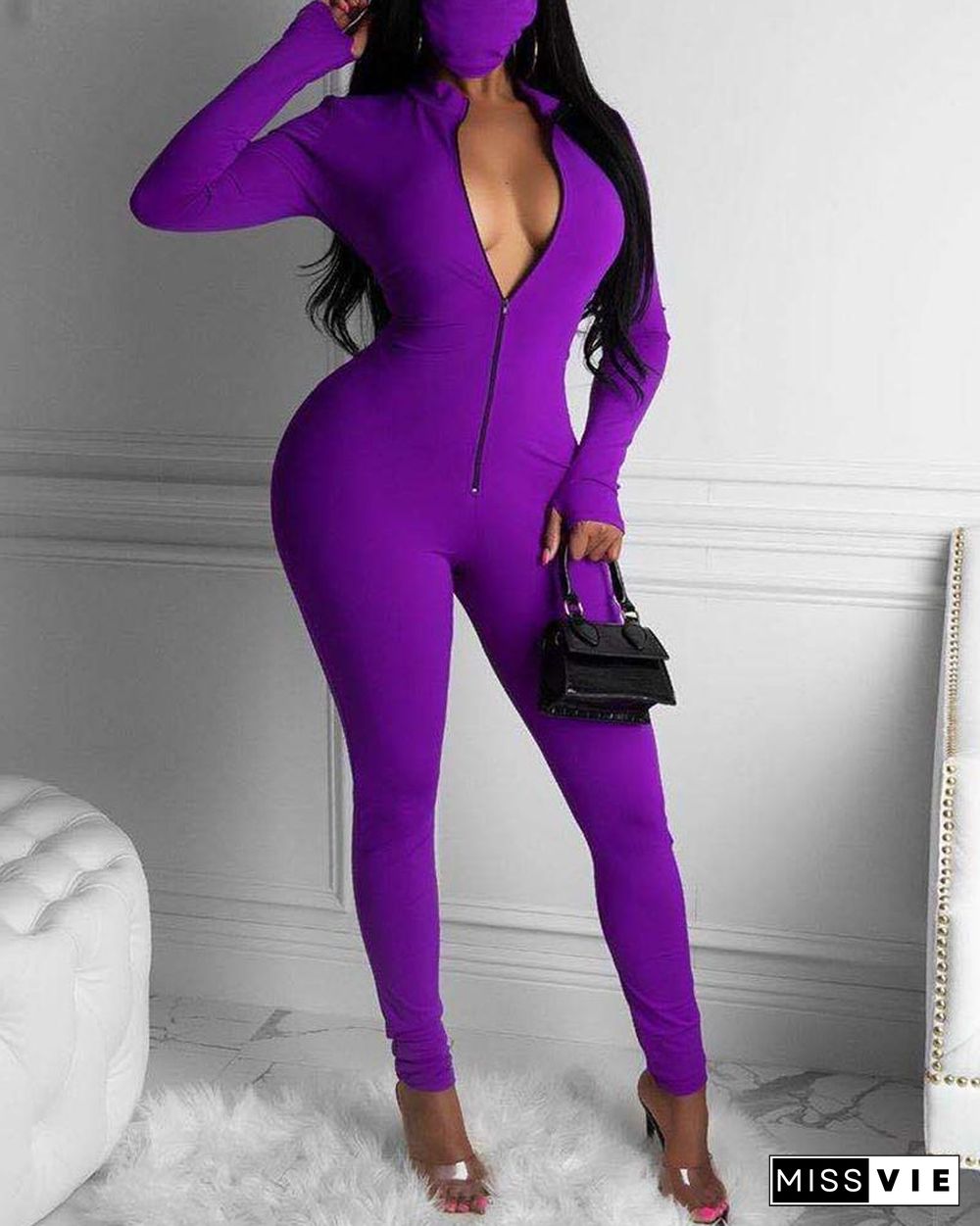 Long Sleeve Zipper Design Skinny Jumpsuit