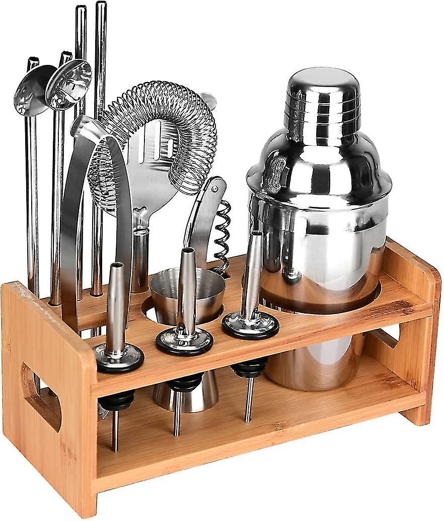 Cocktail Making Set Stainless Steel Shaker Set With Bamboo Rack (13 Pieces， 350ml) (h-2)